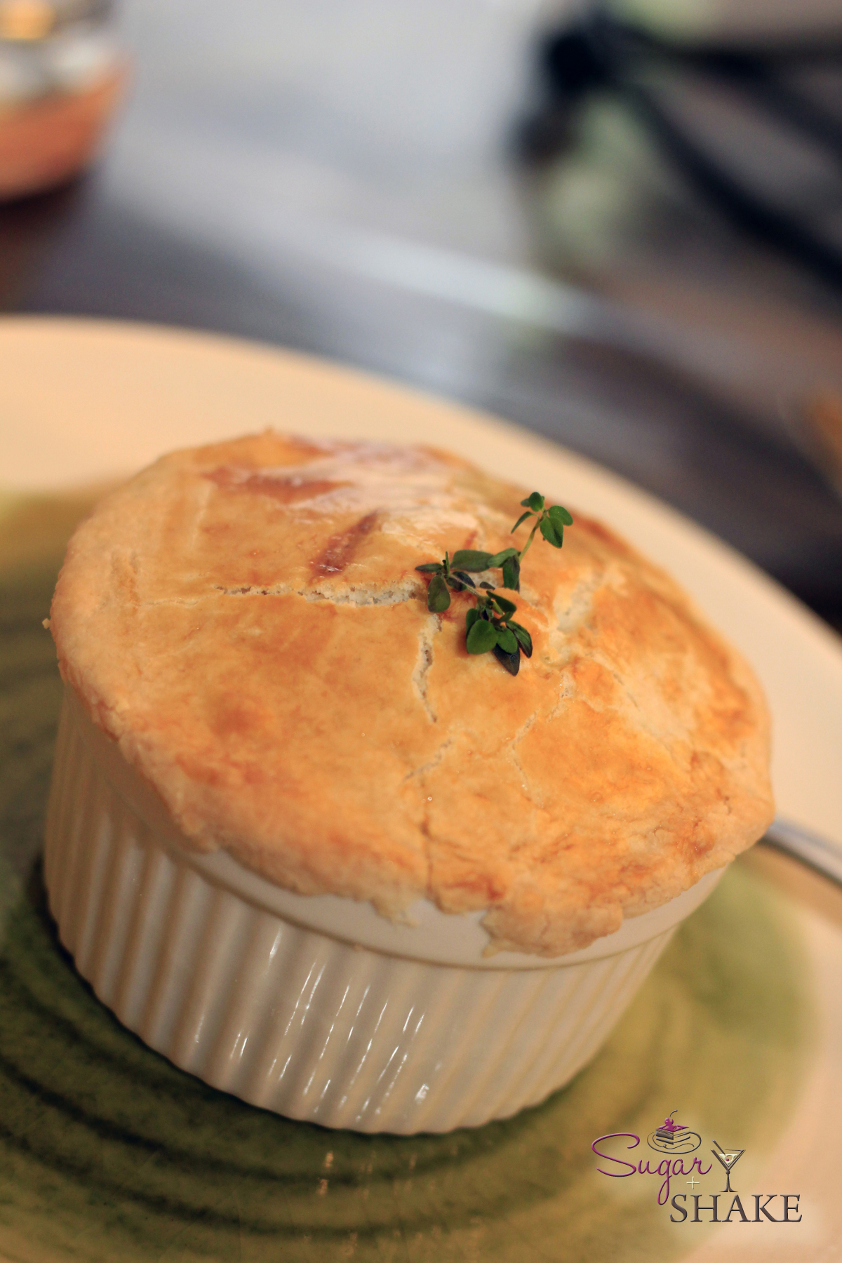 Pot pie. Of the chicken variety. Also with mushrooms, carrots, celery and asparagus. Nothing frozen, including the crust. © Sugar + Shake