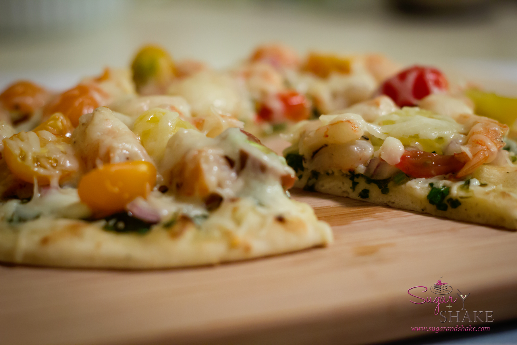 Mojo Shrimp Pizza with Tomatoes, Garlic & Parsley. © 2012 Sugar + Shake