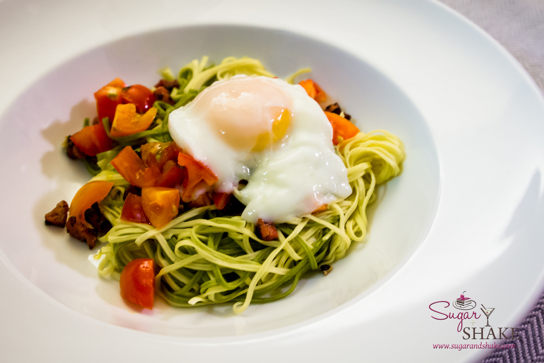 Pancetta, Garlic & Tomato Pasta with Poached Egg. © 2014 Sugar + Shake