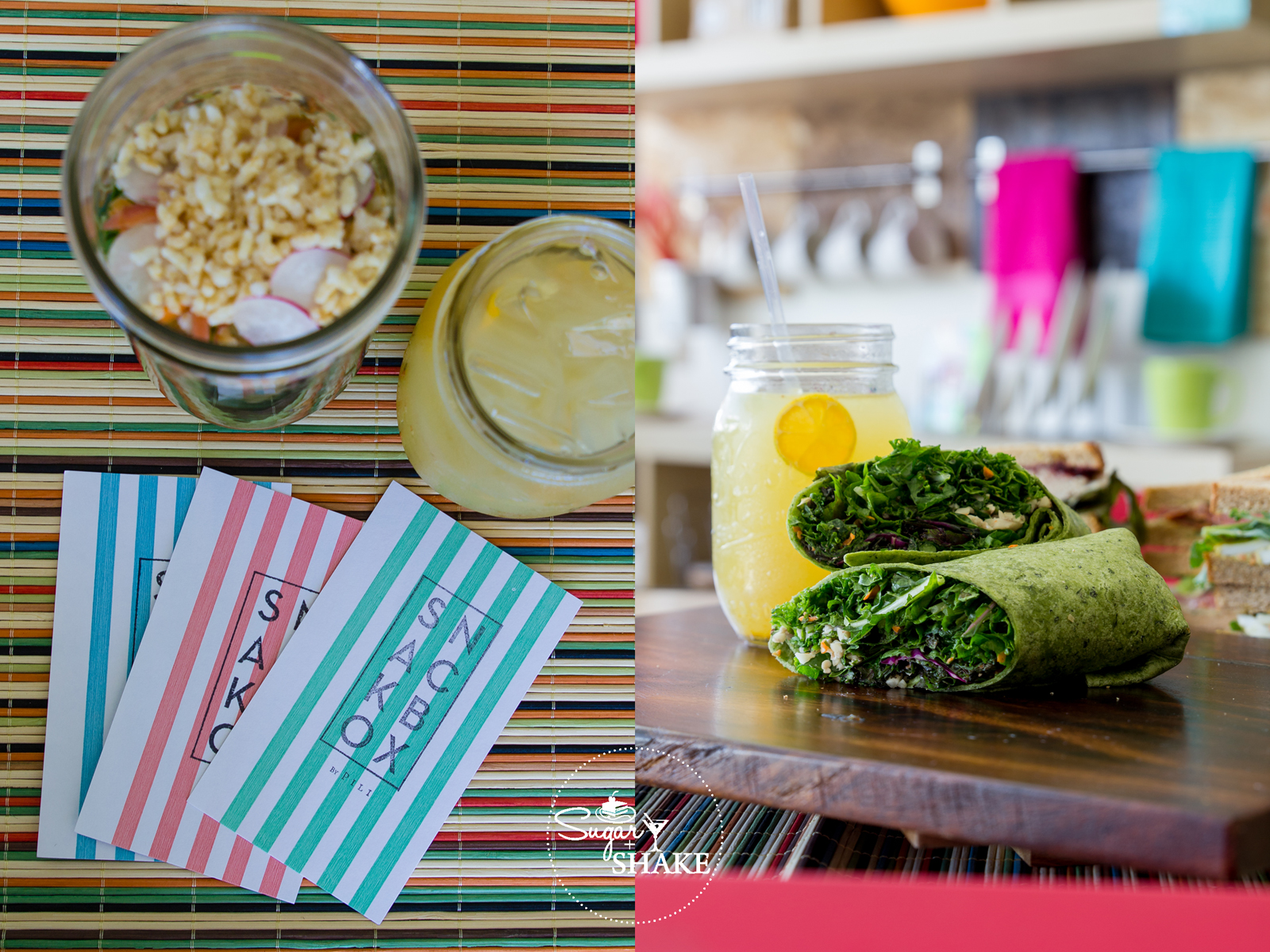 Snackbox treats! LEFT: Salad Jar and Olena Lemonade. RIGHT: Hirabara Farms Kale Wrap and Olena Lemonade. © 2014 Sugar + Shake