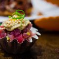 ‘Ahi Poke “Cupcake” from Off the Wall Craft Desserts & Kitchen. ‘Ahi poke, sushi rice, sesame and pickled ginger “frosting,” bubu arare and yuzu tobiko. #FoodFirst © 2015 Sugar + Shake