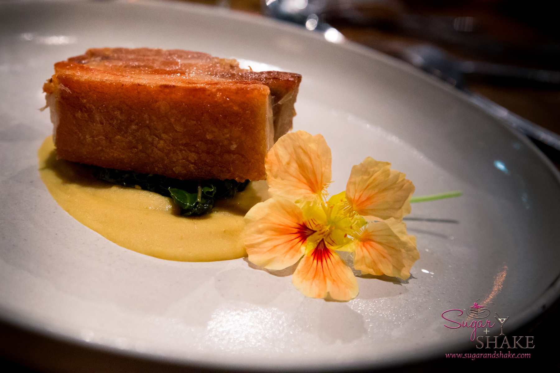 Holoholo General Store Spring Harvest Dinner at Livestock Tavern. Course Six: Pork belly confit, sautéed rainbow chard and baby kale, red lentil purée. Wine pairing: Seven Hills, Cabernet Sauvignon 2012. Columbia Valley. © 2015 Sugar + Shake