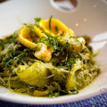 House Pappardelle and Bacon with crispy poached egg, shimeji muschrooms, pesto and pecorino. Celebration of the Arts media dinner at The Banyan Tree at The Ritz-Carlton Kapalua. © 2015 Sugar + Shake