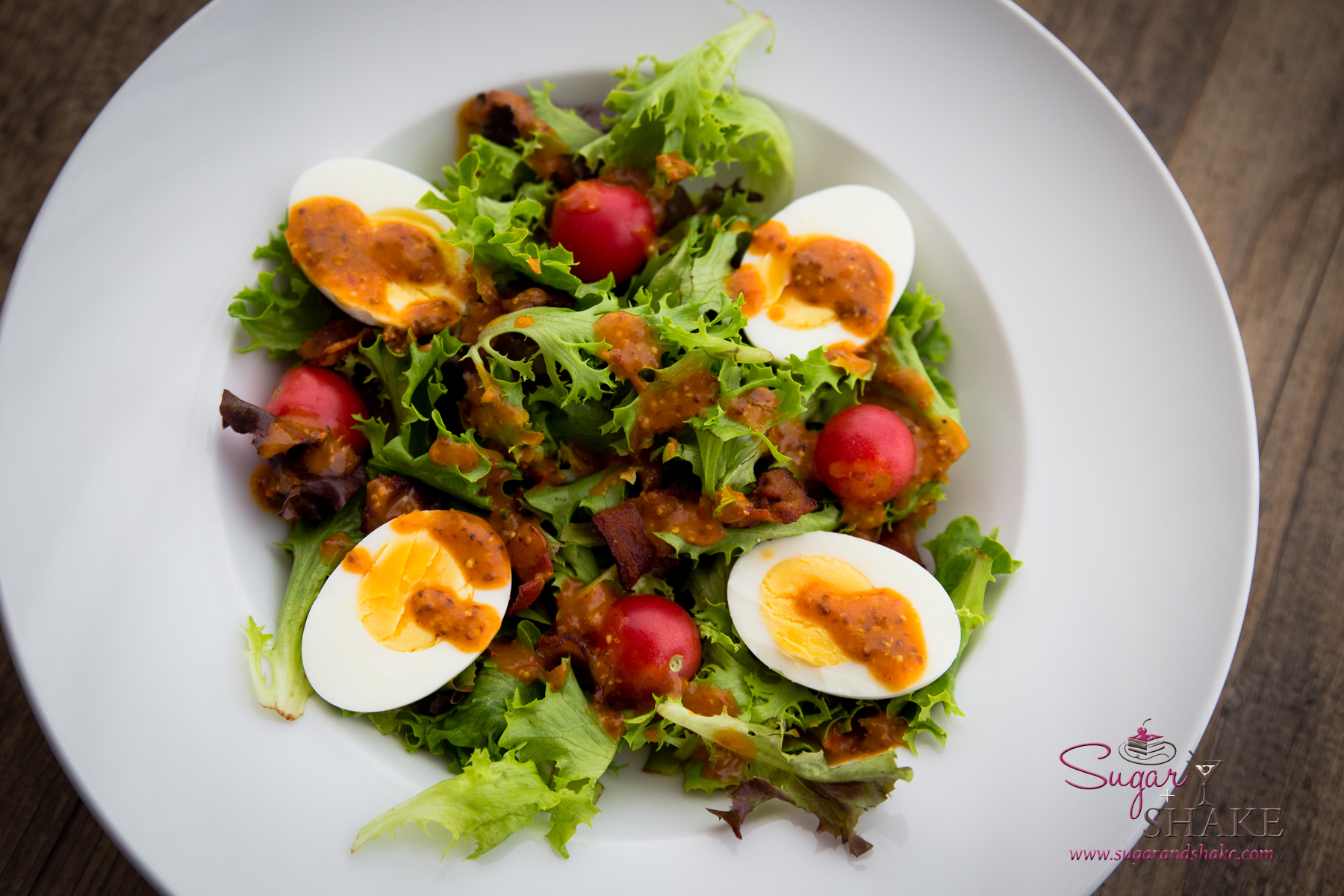 Sunday Salad: Mixed greens with tomatoes, bacon, hard-boiled eggs and “French-ish” dressing. © 2015 Sugar + Shake